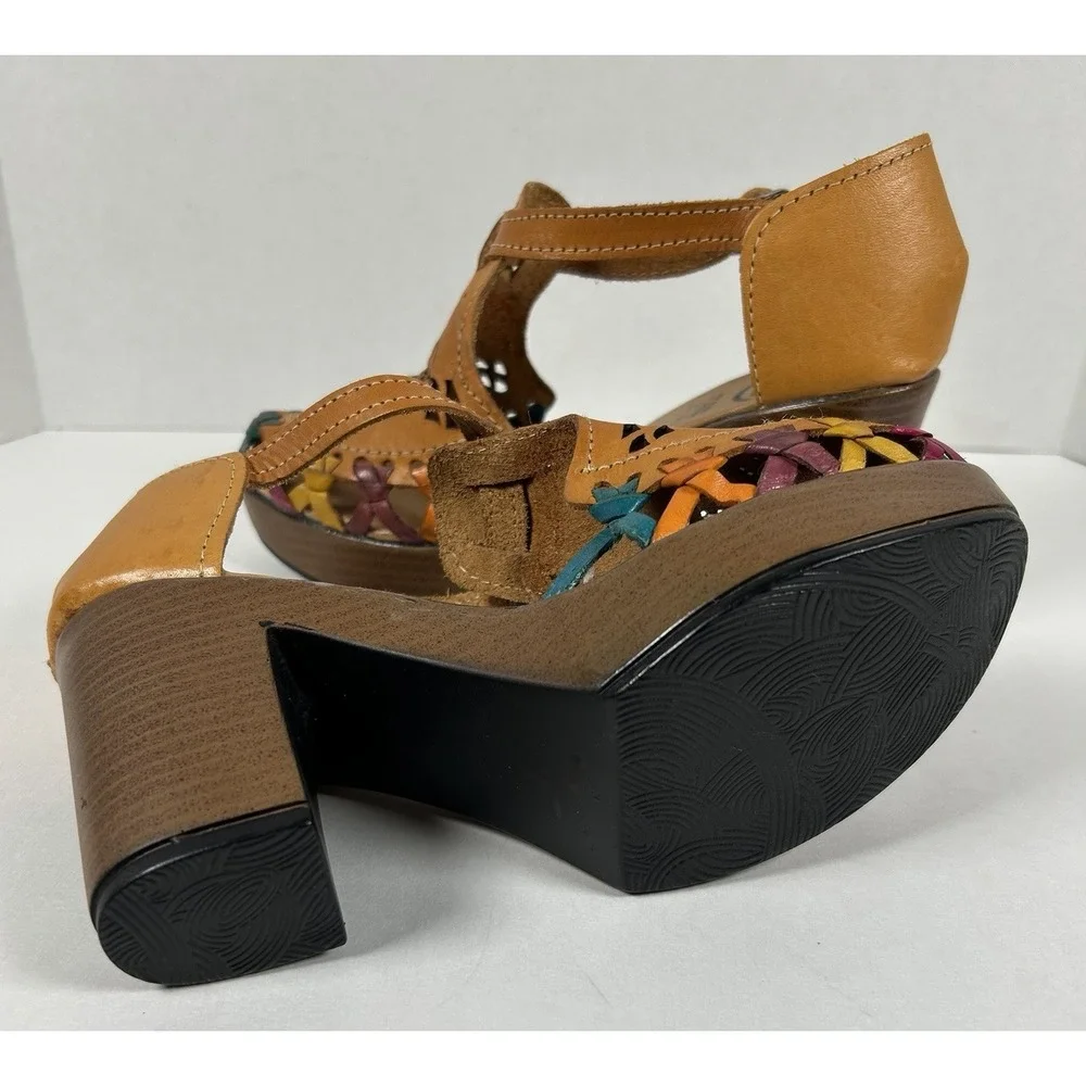 Mexican Leather Huarache Platform Chunky Heel Sandals Mexico 4 US 6-6.5 Colorful